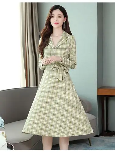 实拍现货2019秋新款长袖格子时尚气质显瘦阔太太减龄连衣裙