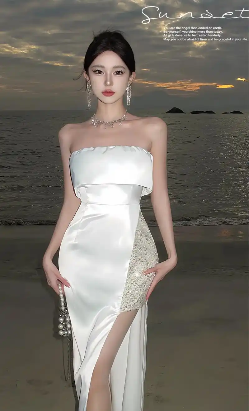 法式一字肩抹胸礼服裙好美腻!