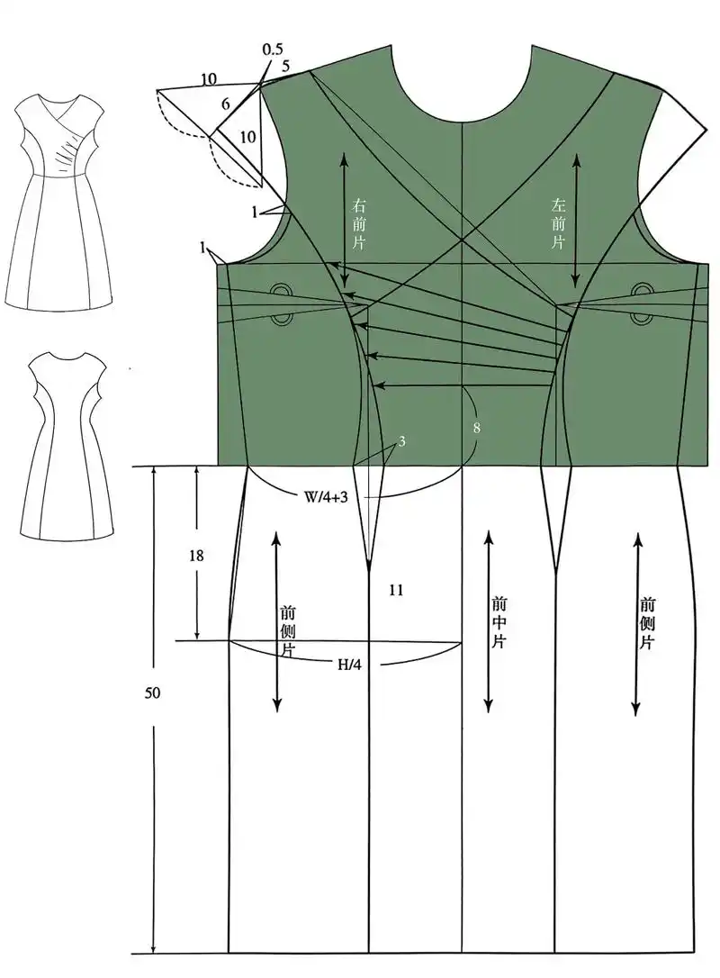 服装制版v字领连肩袖连衣裙