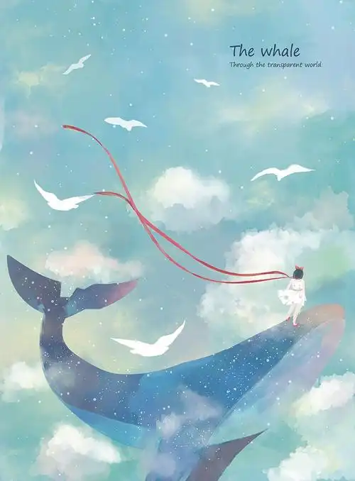 唯美鲸鱼天空女孩插画画艺术梦幻壁纸星空海洋设计素材