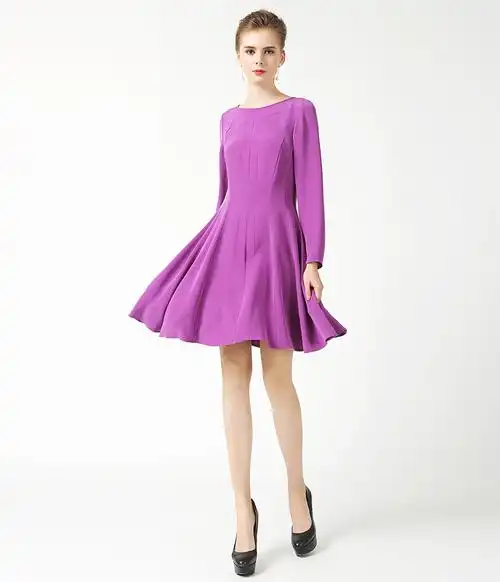 voa重磅真丝连衣裙长袖 2016春装修身中款桑蚕丝大摆裙 时尚女装a6306