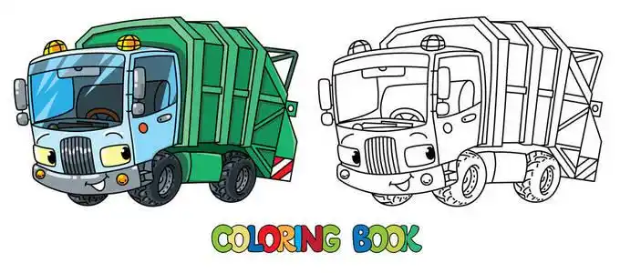 滑稽的垃圾车与眼睛.着色书照片