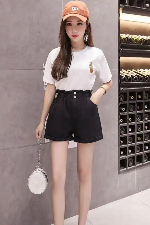 夏季韩版新款高腰短裤女松紧腰阔腿裤花苞边宽松休闲女热裤学院风chic