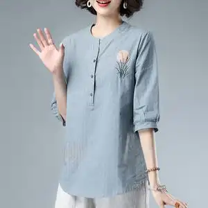棉麻上衣女夏季七分袖t恤妈妈夏装2022新款洋气小衫亚麻女装麻料