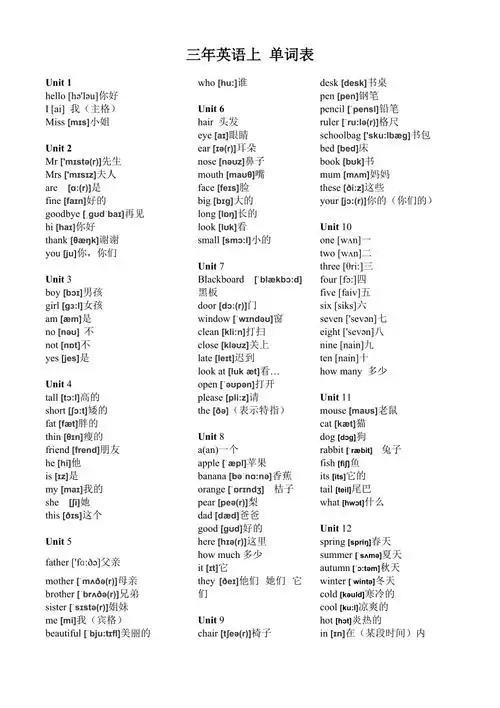 三年级起点英语三年级上册单词表带音标