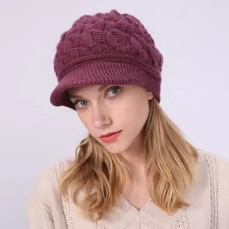 verhouse新款加绒保暖兔毛线贝雷帽女8字麻花帽子冬季针织鸭舌帽