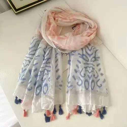 波西米亚民族风旅游防晒披肩巴厘纱棉麻围巾彩色几何菱形女士丝巾