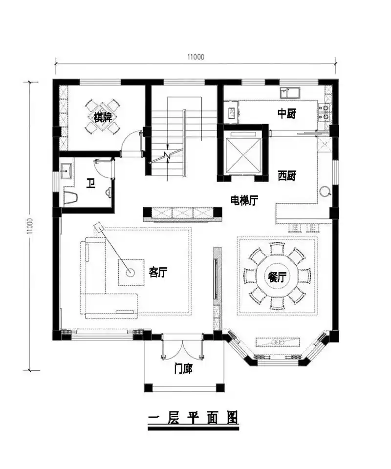 开间11米,进深11米,二层自建房带电梯平面布置图 #农村自