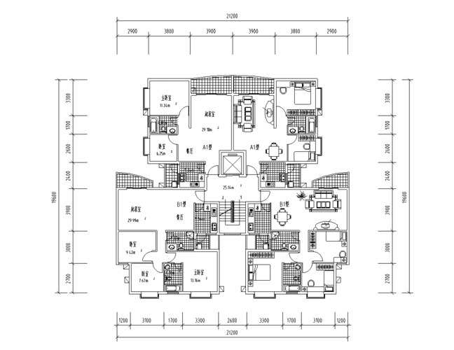 四户小高层平面图