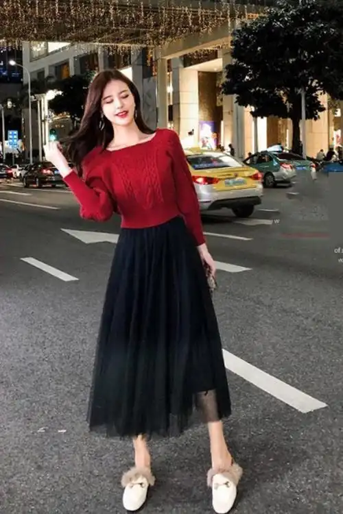 套装新年红色毛衣配网纱半身裙女春秋季两件套气质洋气黑裙子
