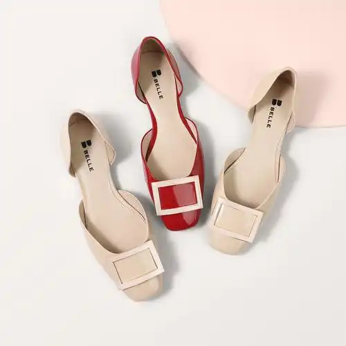 百丽2021夏新商场同款凉鞋女平底单鞋漆皮包头女鞋单鞋10878bk1