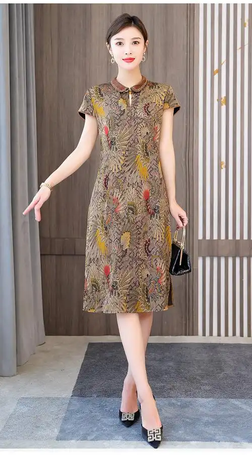 实拍碎花真丝连衣裙女夏新款2023短袖收腰显瘦中年妈妈桑蚕丝裙子