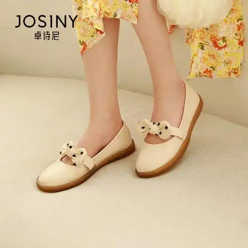 卓诗尼女鞋2021春新款白色蝴蝶结玛丽珍鞋软底舒适小皮鞋平底单鞋