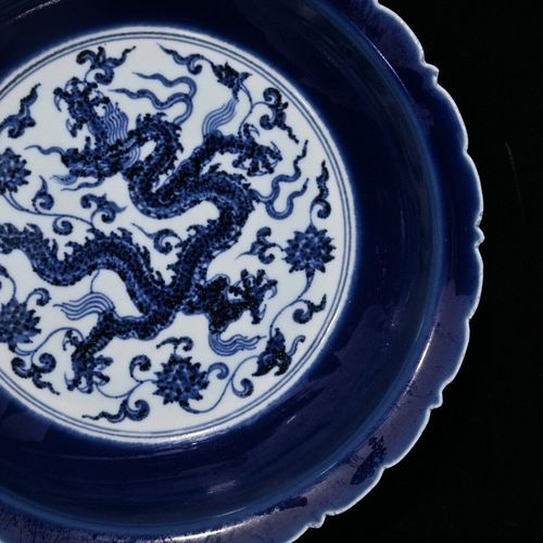 大明宣德霁蓝青花龙纹盘4.7×22cm开片回流花瓶陶瓷复古瓷器摆件