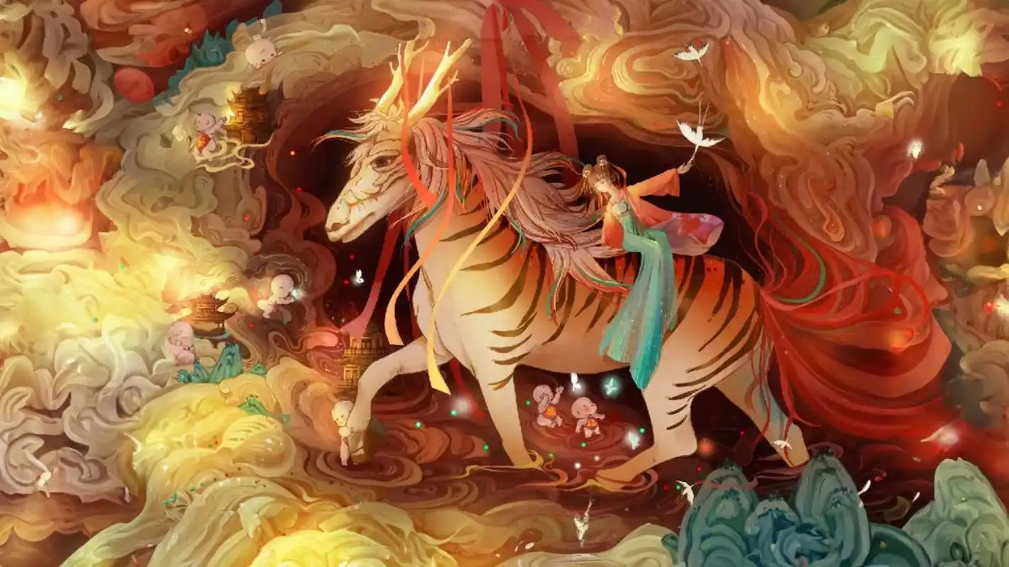 山海经异兽:鹿蜀,状马白首赤尾,象征繁荣和长寿