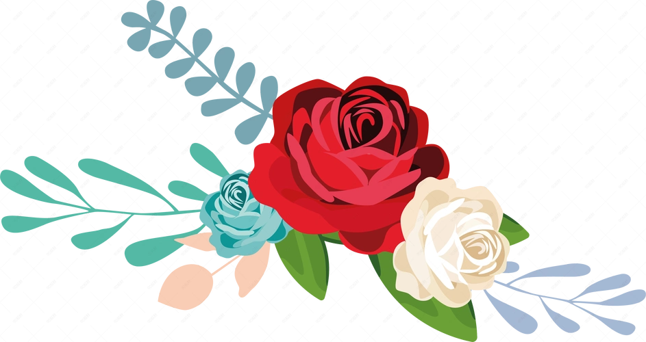 手绘卡通植物花瓣玫瑰花与绿叶