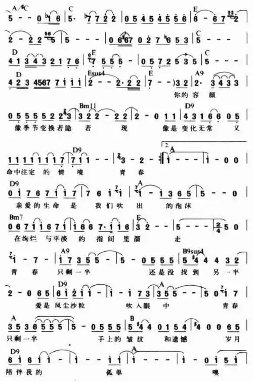 青春_简谱_歌谱_曲谱_吉他谱_五线谱