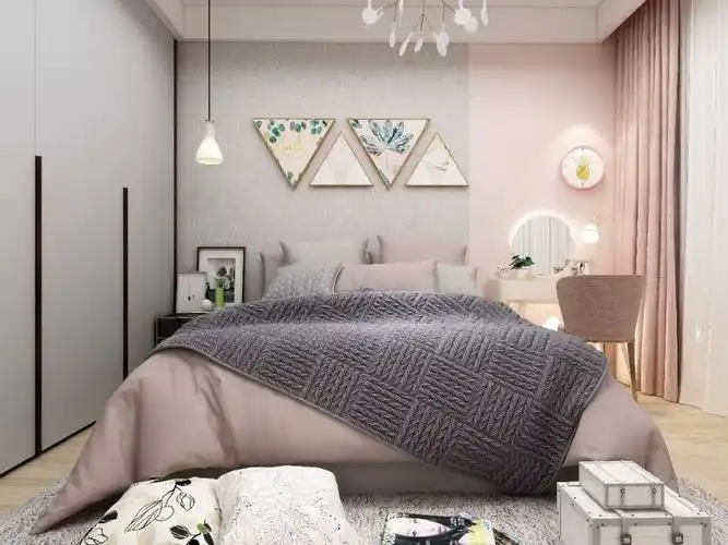 卧室深浅不同的粉红色和affair雅菲壁布l8-15灰色搭配在一起显得尤为
