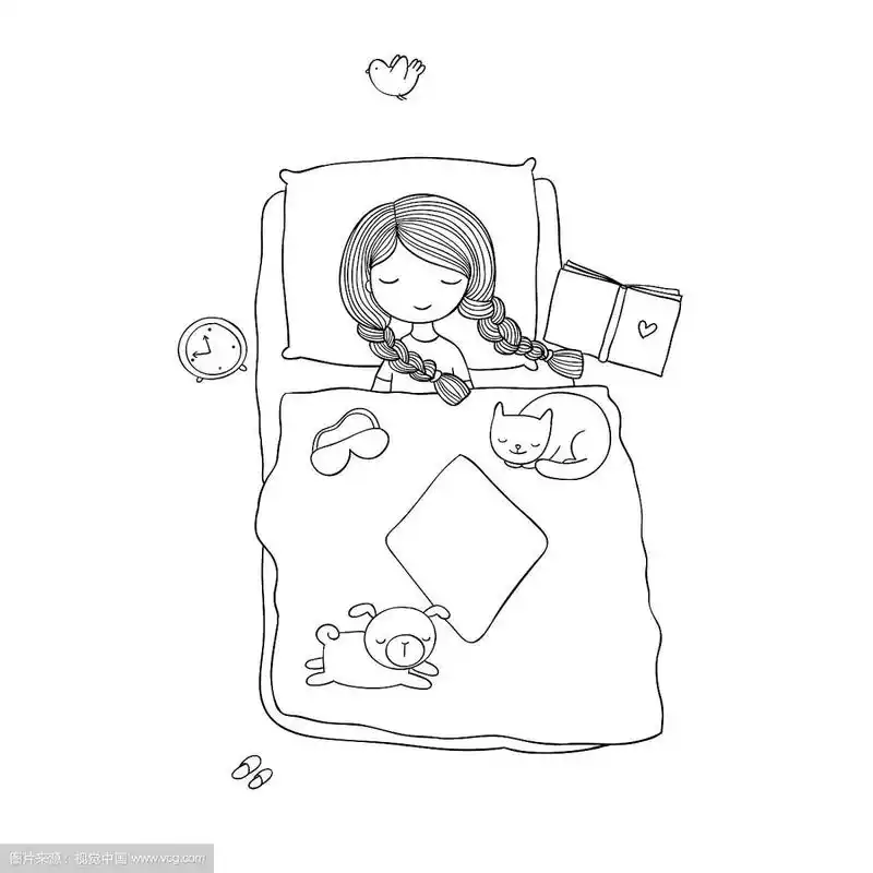 女孩猫和狗睡在床上晚安