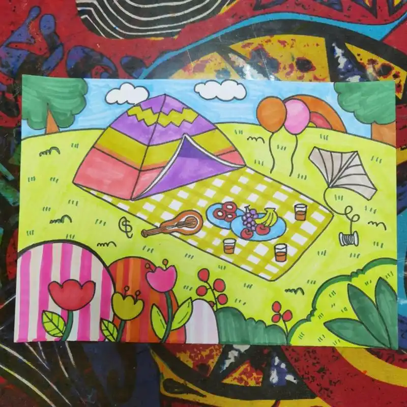 春天郊游儿童画场景 郊游儿童画