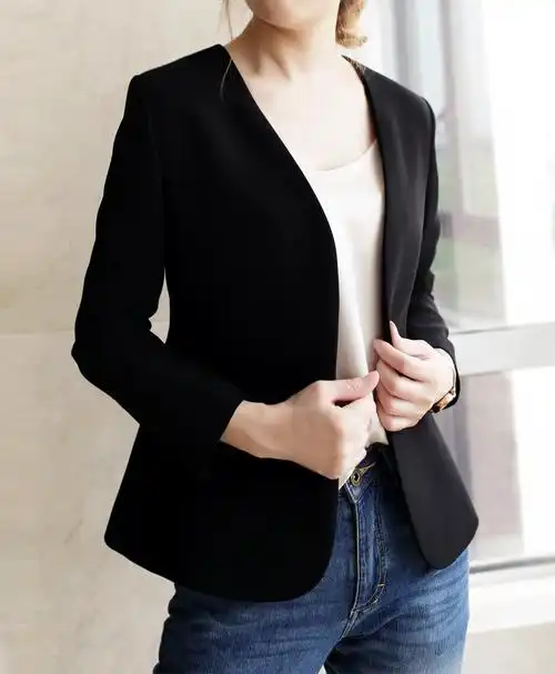 徕倩早春新品女简约无领八分袖修身西装外套上衣 jk2793