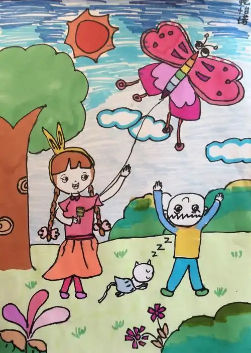 儿童画《放风筝》马克笔儿童画放风筝08|附线稿3咱们去放风筝临摹儿童