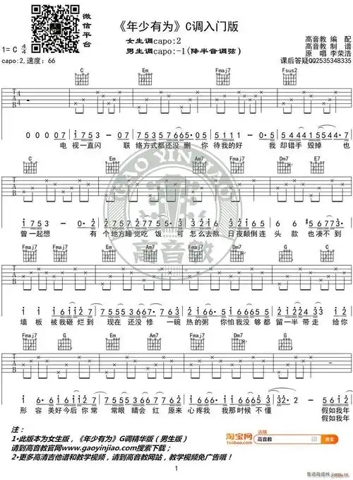 年少有为 c调入门版 高音教编配(吉他谱)1