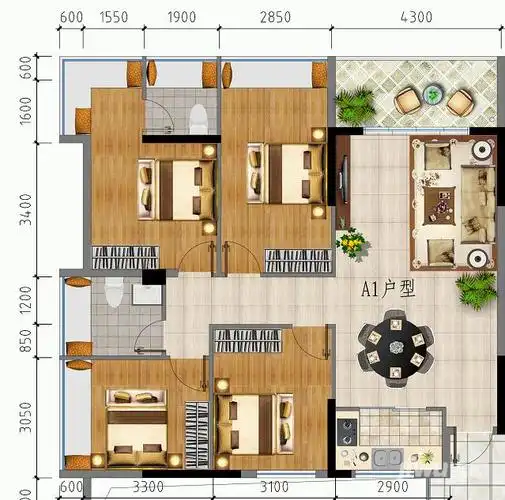 妙水大厦a1户型146平方四房两厅两卫