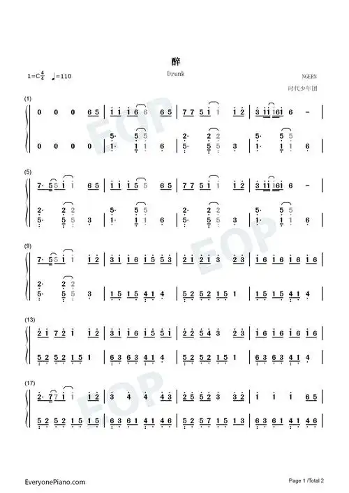 醉-c调简单版-时代少年团双手简谱预览1