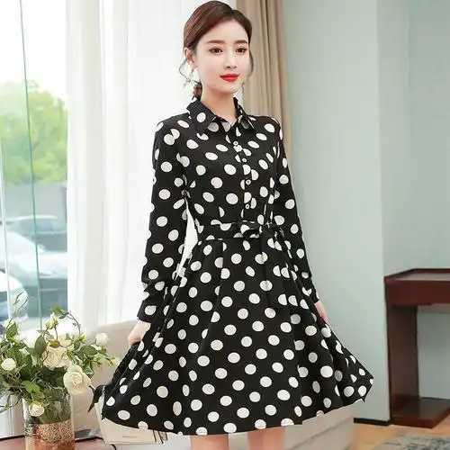 中长款韩版气质衬衫修身白色波点连衣裙2020春夏新款长袖时尚裙子