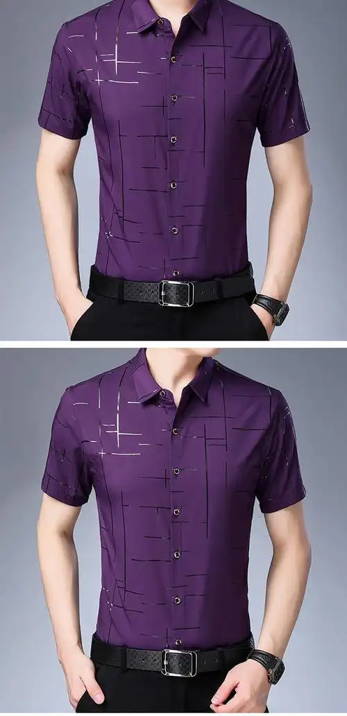 子文服饰卡旗盾精品男装男士桑蚕丝半袖衬衫爸爸装短袖衬衣 紫色 红色