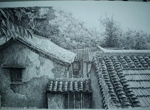 关键词:钢笔画 太行民居图 太行民居 瓦房 窗户 大门 树 幽居深山