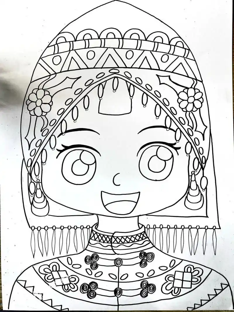 儿童画 水彩/线描《布依族少女》