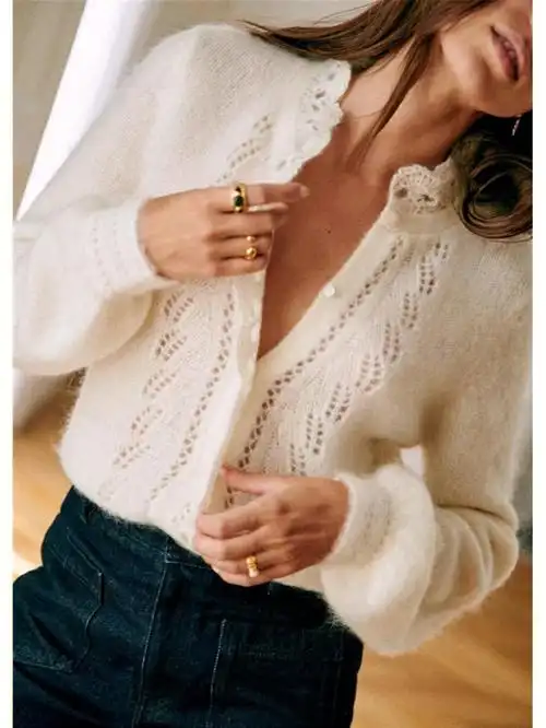 闲置sezane法国羊毛镂空绞花钩编毛衣