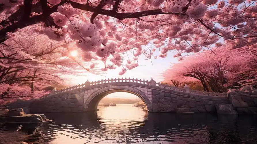 盛开的樱花树樱花飘落与与阳光下的中式古风石桥浪漫风景唯美壁纸