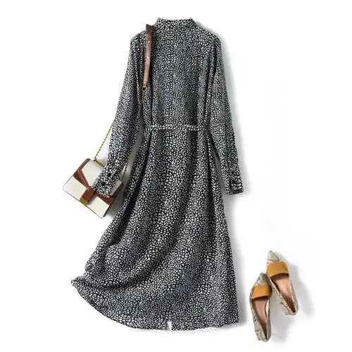 2021春装新款印花真丝连衣裙长款过膝立领长袖连衣裙