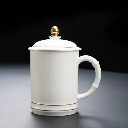 纯白羊脂玉瓷带盖子茶杯金边陶瓷水杯单位定制logo会议杯图片