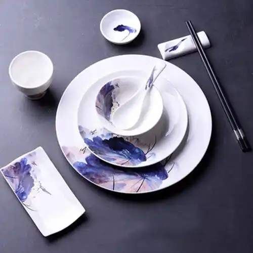 中式莲花方盘碗盘勺七件套陶瓷酒店包间餐具豪华饭店会所摆台