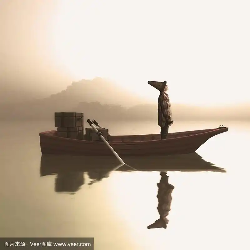 日落时分,一个年轻人站在小船上.