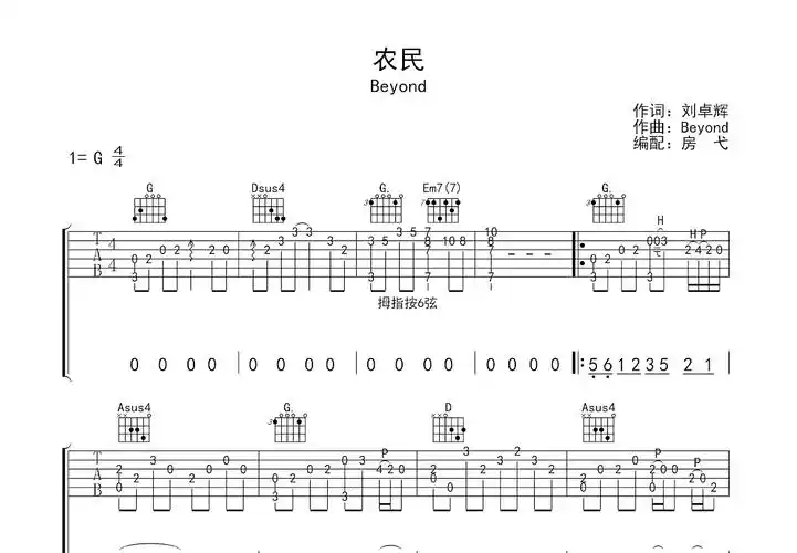 农民吉他谱_beyond_g调指弹 - 吉他世界