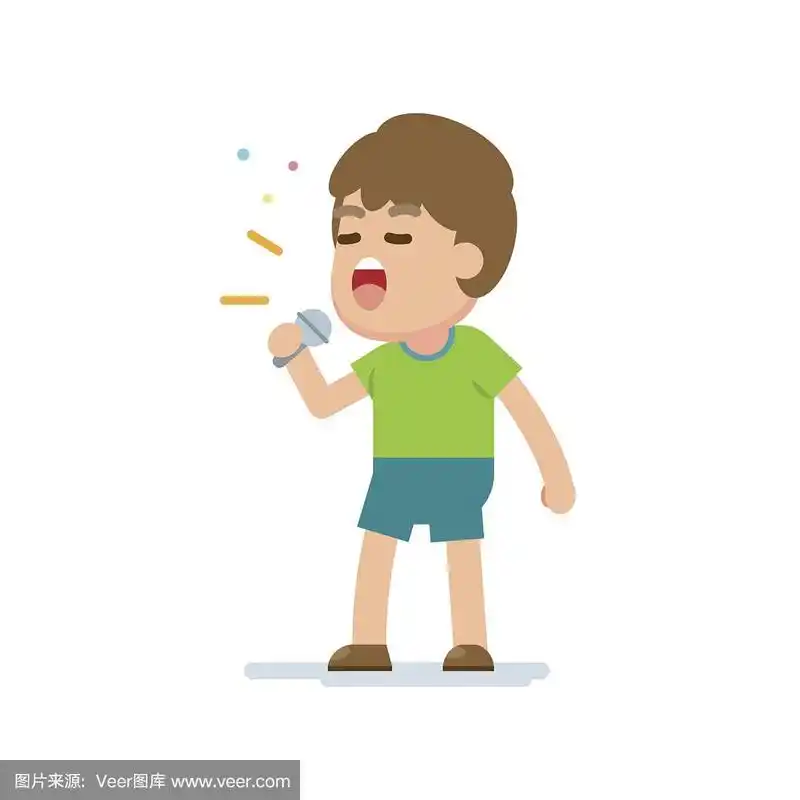 快乐可爱的小男孩唱首歌,矢量卡通插图.