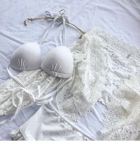 高腰比基尼分体泳衣女学生三件套性感蕾丝白色长袖短罩衫遮肚显瘦