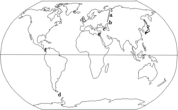 图中地理事物名称: (3)读世界海陆分布图,完成下列各题: 主体位于热带