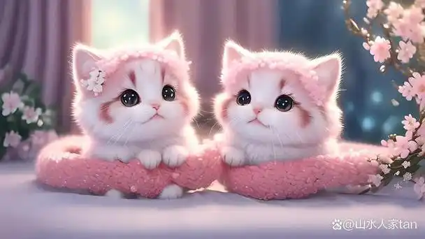 两只相依相偎萌萌的粉色小猫