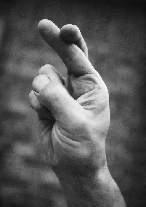 西方人,手,中指,一个人,举,交叉,竖图,黑白,室内,特写,白天,正面,欧洲
