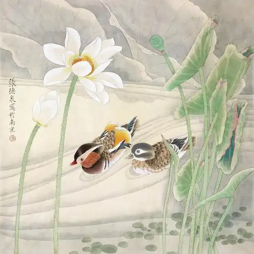 0473荷花鸳鸯镜心设色纸本