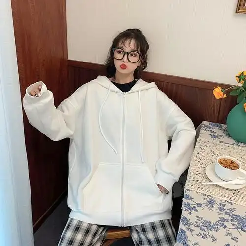 雾霾蓝卫衣女宽松外套新款秋冬季慵懒风bf连帽上衣ins 卡其 l