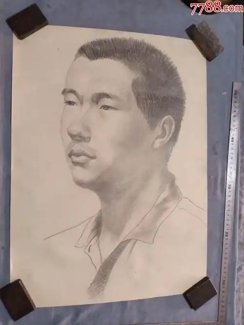 有些年份老素描,年轻男士寸头侧身像一张,52*38cm(袋8)-素描/速写