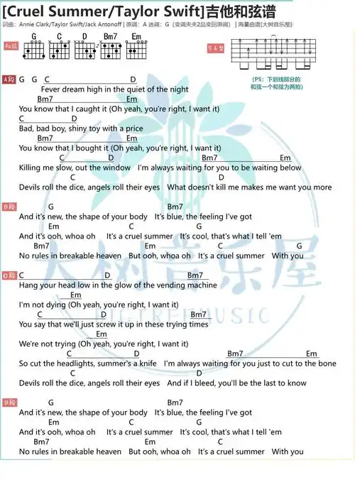 《cruel summer》taylor swift-吉他谱 - 大树音乐屋