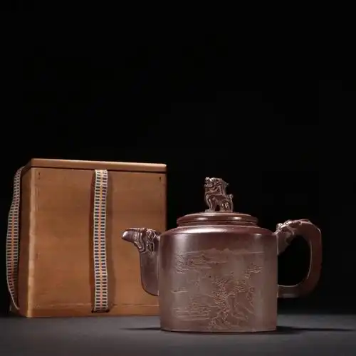 施小马款老紫砂刻山水诗文壶